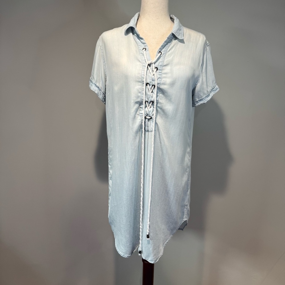 Rails Vintage Wash Chambray Short Sleeve Shirt Dress Lace Up Front Coastal S - Picture 6 of 14